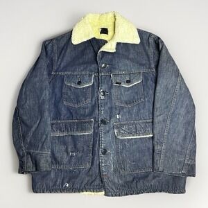 Vintage 70s Sears Roebucks Denim Chore Coat Jacket Mens 44R Large Sherpa Lined